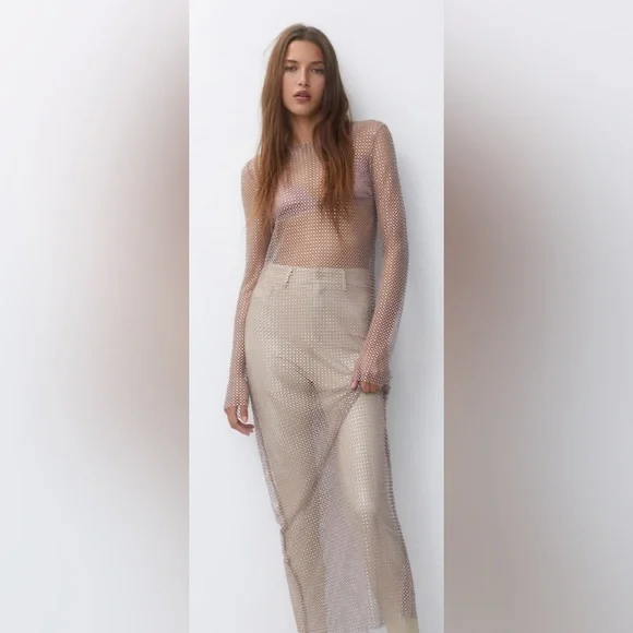 NWT Pull&Bear Nude Long Sleeve Shimmer Mesh Dress